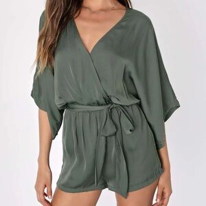 Lulus Ain't It Grand Olive Green Satin Surplice Romper